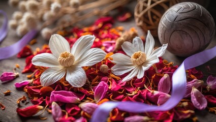 Naklejka premium Decorative setup with withered blooms, colorful petals dispersed, and organic elements