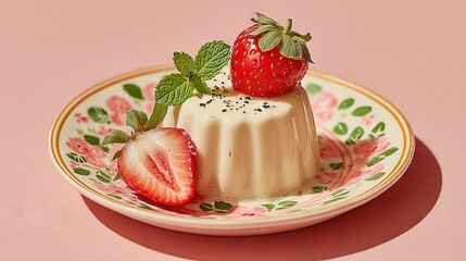   A plate topped with a dessert covered in whipped cream and two strawberries on a pink and green plate