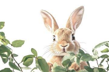 Obraz premium Close up of a light brown rabbit peering through green leaves on a white background image view