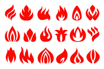 Flame icons. Simple fire silhouette, stylized signs, different styles, shapes and forms, red campfires pictograms, graphic design isolated elements, minimal logotype splendid vector set