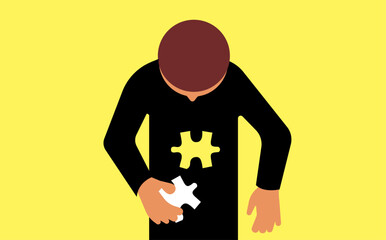 Man trying to figure out missing puzzle piece in own body illustration