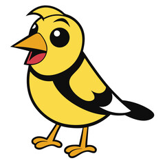 Happy cartoon yellow bird stands smiling with beak open on a white background