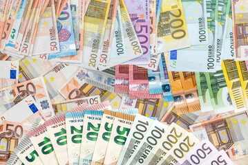 Flat lay of euros banknotes, lot of EU money.