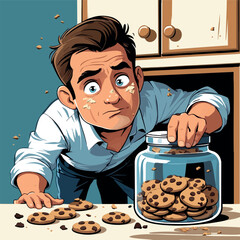 Man caught stealing cookies – funny guilty expression cartoon vector illustration