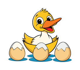 Cartoon Duck Watching Over Nest with Four Eggs, Wildlife Illustration
