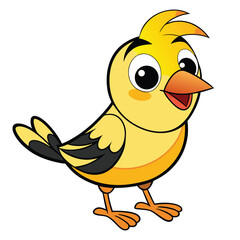 Cheerful yellow bird cartoon character smiles, showcasing big eyes and orange beak on the white background