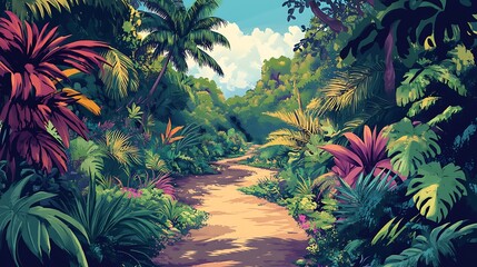 Lush tropical path winding through vibrant foliage.