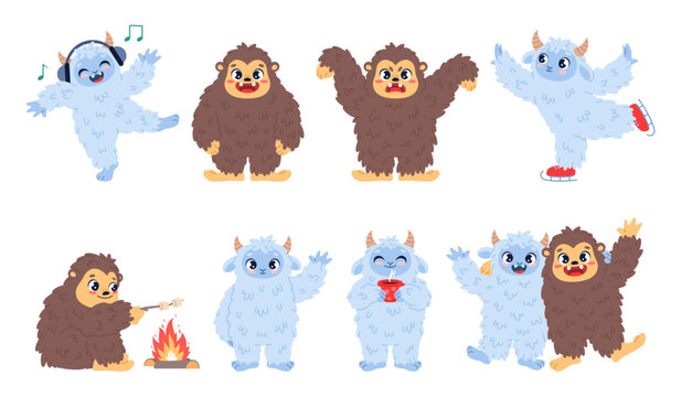 Cartoon yeti and bigfoot characters. Funny fantasy humanoids, fluffy monsters, cute happy sasquatch, winter and summer, hairy monster in different poses, classy vector isolated set