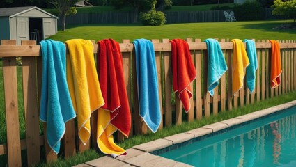 Colorful towels arranged and lying on a wooden fence adjacent to a backyard swimming pool