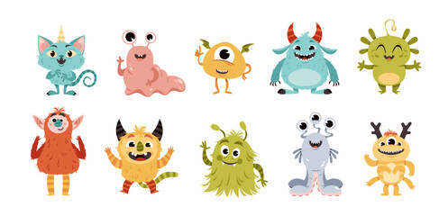 Cartoon funny monsters. Fluffy little creations, color cute demons with fangs and horns, smiling mascots, doodle creepy characters. Alien comic style, childish tidy vector isolated set