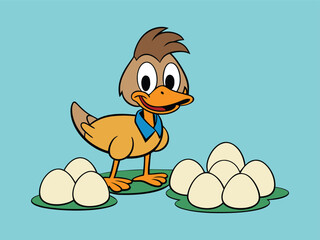Cartoon Duck Watching Over Nest with Four Eggs, Wildlife Illustration