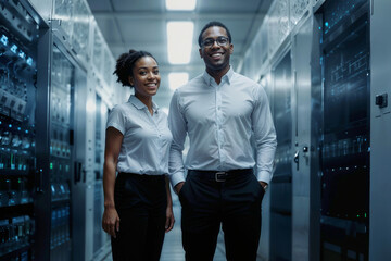 Portrait of happy black IT engineers man and woman in data center room looking at camera