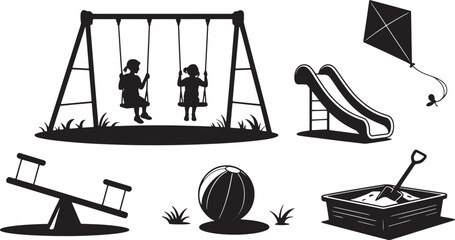 Black Silhouettes of Playground Equipment and Toys on a White Background Scene