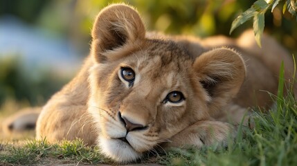 Fototapeta premium Adorable lion cub rests in sunshine