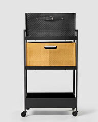 Modern rolling cart with storage baskets organizing clothes and accessories