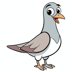 Cheerful cartoon pigeon stands upright with an open beak and friendly big eyes looking at viewer