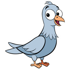 Cheerful cartoon pigeon with wide eyes stands against the white background happily