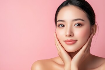 Naklejka premium Smiling woman on a pink backdrop