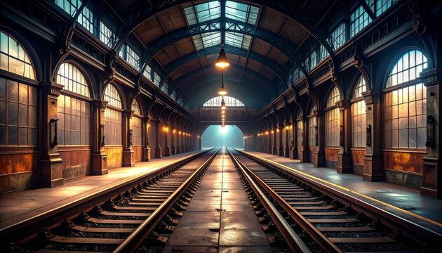 Atmospheric vintage train station interior with parallel tracks and warm lighting perspective.