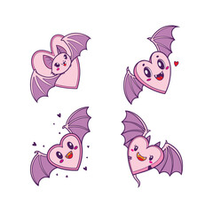 Cute Heart, Shaped Bats with Love Themed Expressions, Romantic & Halloween Illustration