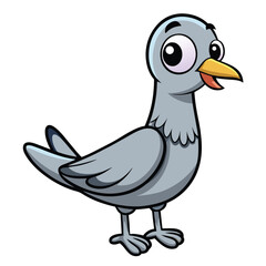 Joyful pigeon cartoon character stands smiling with comical big eyes and orange beak