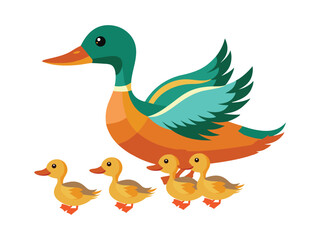 Cute Illustration of a Mother Duck Leading Her Ducklings