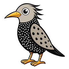 Cartoon bird with gray head and patterned body stands confidently isolated on white