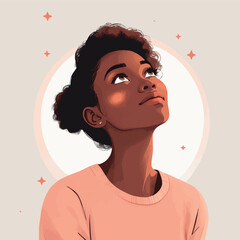 Hopeful young woman. Watercolor portrait with upward gaze and light.