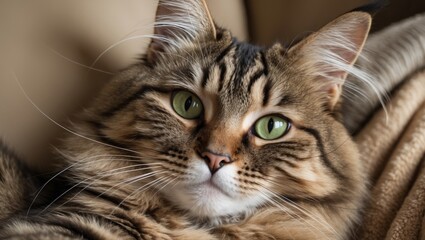 Charming tabby cat with gorgeous eyes and extended whiskers. Close-up portrait of a beautiful kitty. Laid-back pet cat at home.