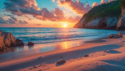 Obraz premium Gorgeous Ocean Beach Sunset: Inspiring Background for Nature and Travel
