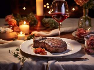 Romantic Dinner with Grilled Steak and Red Wine — Candlelight Setting