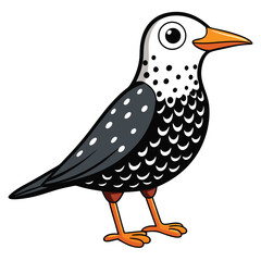 Cartoon bird with white speckled head and orange beak gazes forward attentively