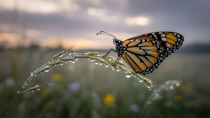 A butterfly resting delicately on a blade of grass, adorned with glistening water droplets