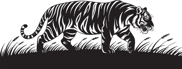 Obraz premium Silhouette of a Tiger Walking Through Grass Vector Illustration Wildlife Scene