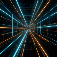 three dimensional geometrical blue and orange neon led lights concentrating in middle of banner; digital tunnel / light isolated over black background; concept of perspective, fast changes, new tetchn