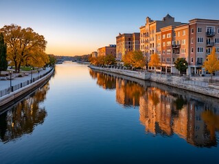 Fototapeta premium Autumn reflection on river downtown