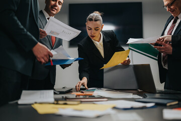 A group of business professionals actively collaborating and reviewing documents in an office meeting setting, emphasizing teamwork, organization, and productivity.