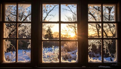 Fototapeta premium Beautiful winter sunrise view through a frosty window, showcasing nature's beauty and cold weather
