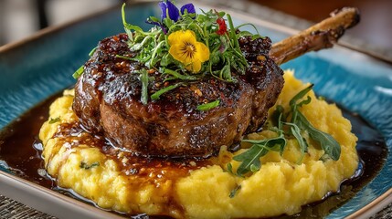   Close-up photo of a plate with mashed potatoes and a slice of meat on top