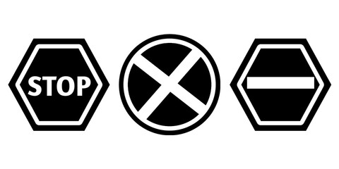 White Outline Road Sign Icons: Stop, No Stopping, No Entry Set on Black