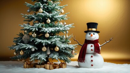Obraz premium On a golden background, the holiday or business concept includes a snowman and a tree.