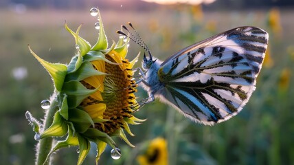 Obraz premium A beautiful butterfly resting delicately on a sunflower, creating a serene scene with its soft and inviting colors. The presence of water droplets on the flower adds a touch of freshness.
