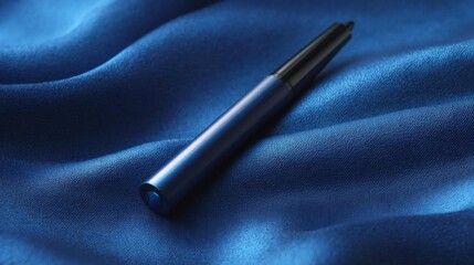 Blue pen lying on a blue fabric. the pen has a sleek and modern design with a pointed tip and a thin body. the fabric appears to be smooth and silky, with a subtle sheen.