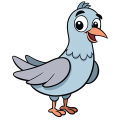 Cheerful cartoon pigeon stands smiling with its beak slightly open, showing its tongue