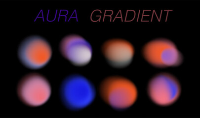 Vector illustration in aura gradient style, featuring soft, glowing abstract orbs in vibrant orange, purple, blue, and pink tones on a black background. Trendy look for digital and creative designs. © local_doctor