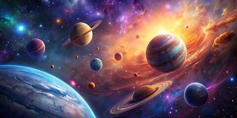 Cosmic Dance of Planets A Digital Art Exploration of a Vibrant Star System, Space, Planets, Galaxy, Nebula