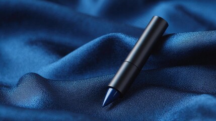 Black fountain pen resting on a dark blue fabric. the pen has a sleek and modern design with a pointed tip. the fabric appears to be made of a silky material, with a smooth texture.
