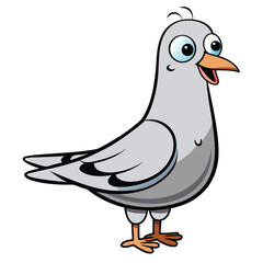 Cartoon gray pigeon with big blue eyes happily stands, smiling on white background