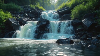 Obraz premium Water streaming over boulders into the pool below the Falls
