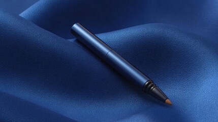 Blue ballpoint pen lying on a dark blue fabric background. the pen has a sleek and modern design with a pointed tip and a slim body.